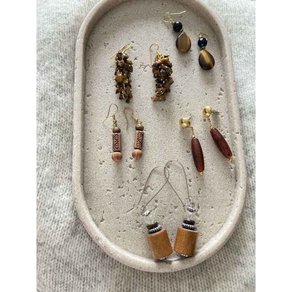 Mixed Dangle Earrings Set of 5 Boho Beaded Faux Tiger Eye Wood Gold Tone Earthy